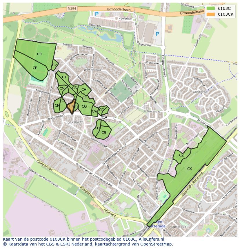 Afbeelding van het postcodegebied 6163 CK op de kaart.