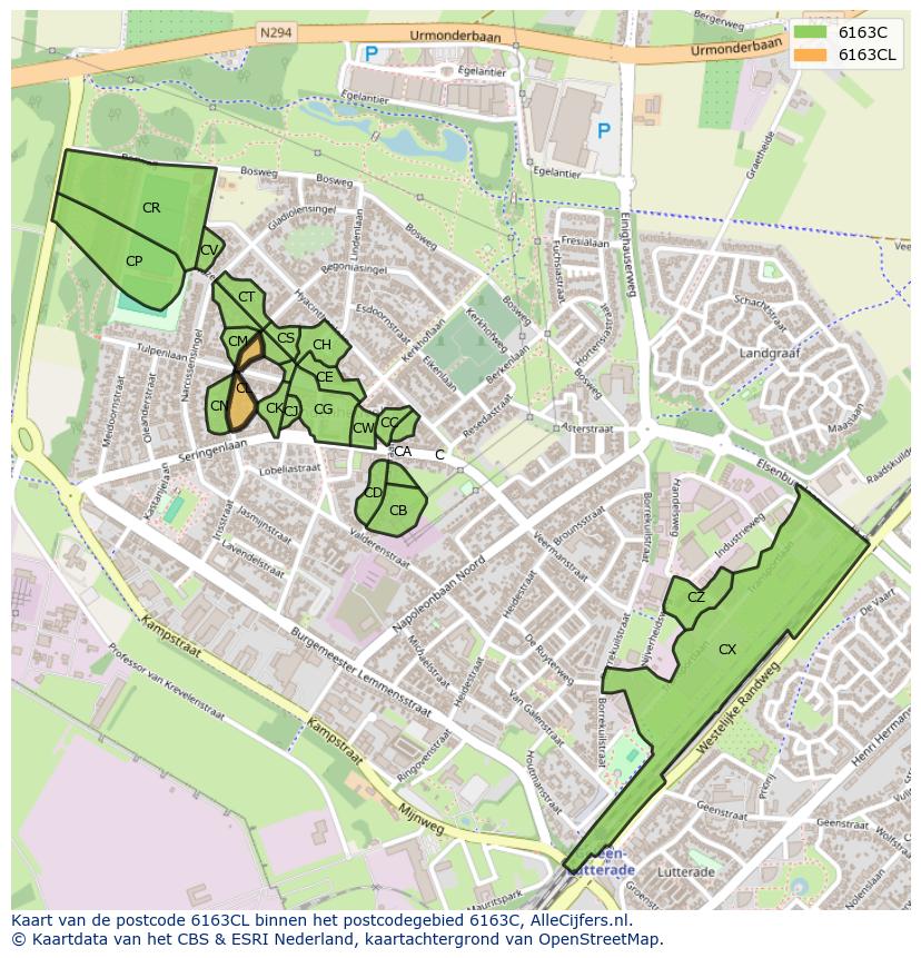 Afbeelding van het postcodegebied 6163 CL op de kaart.
