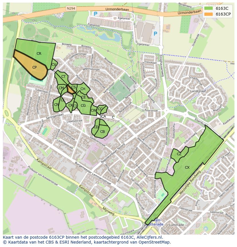 Afbeelding van het postcodegebied 6163 CP op de kaart.