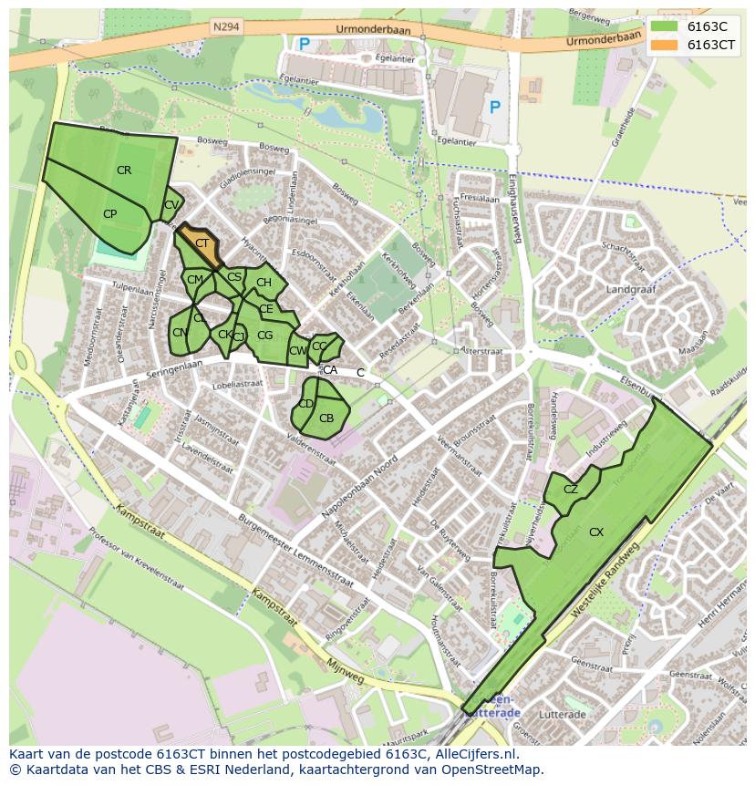 Afbeelding van het postcodegebied 6163 CT op de kaart.