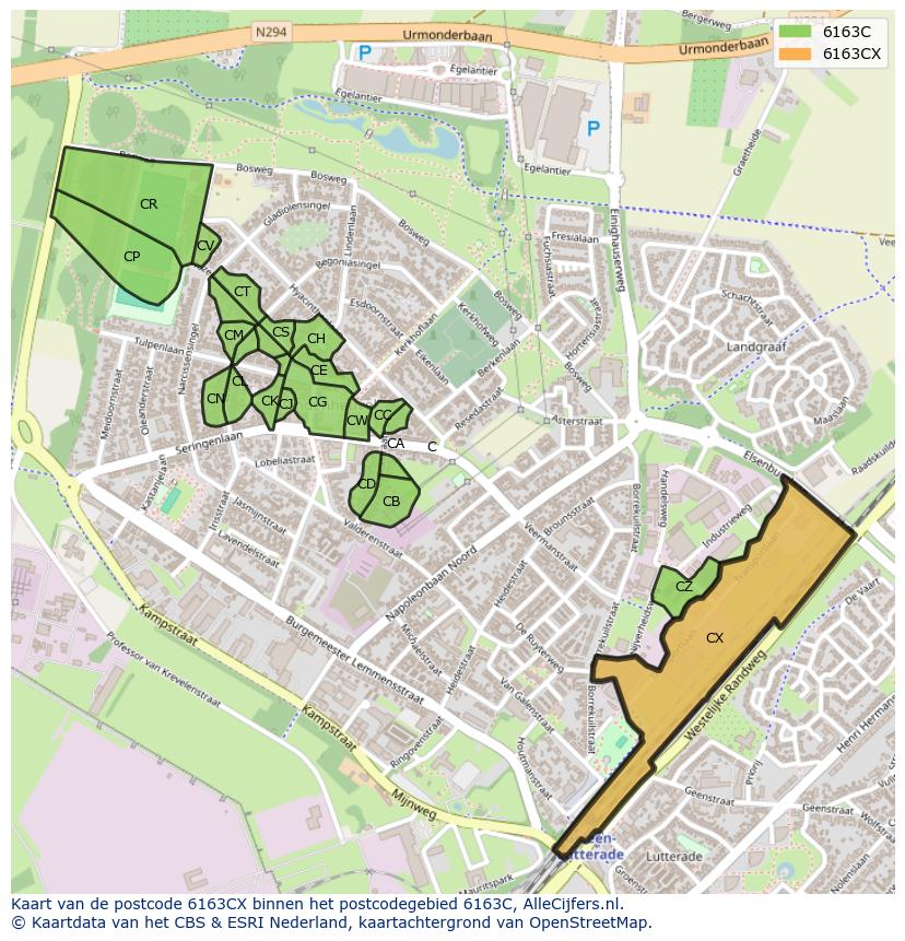 Afbeelding van het postcodegebied 6163 CX op de kaart.