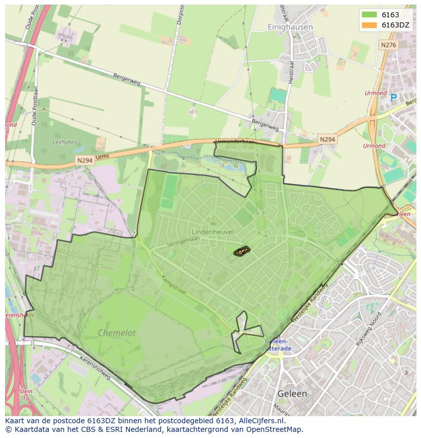 Afbeelding van het postcodegebied 6163 DZ op de kaart.