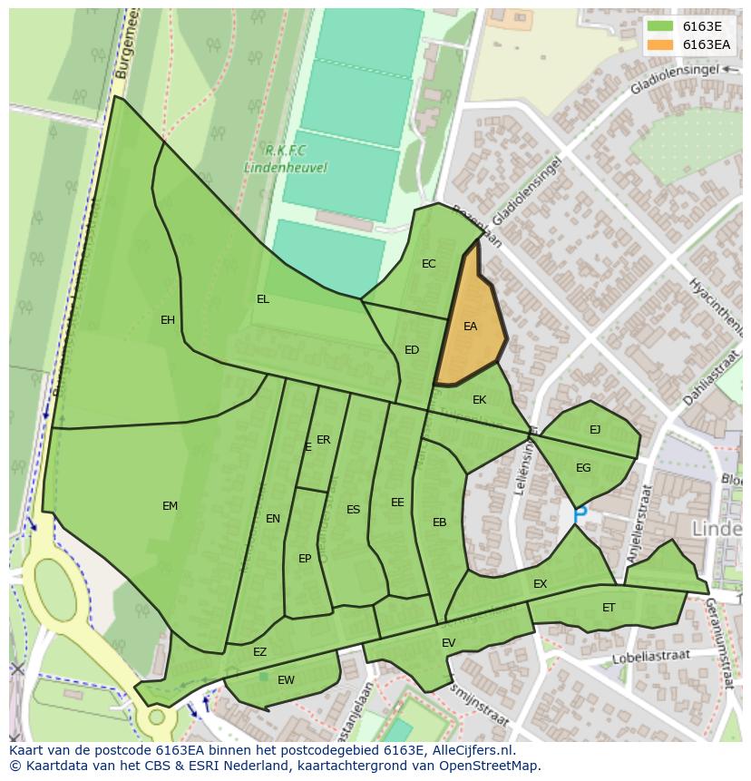 Afbeelding van het postcodegebied 6163 EA op de kaart.