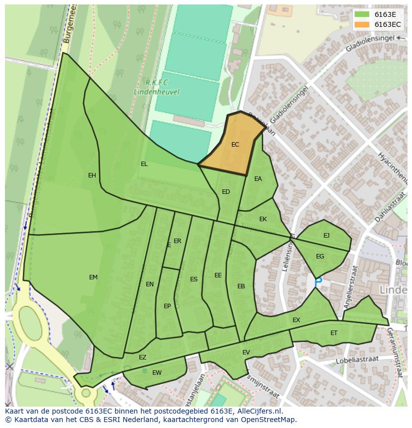 Afbeelding van het postcodegebied 6163 EC op de kaart.