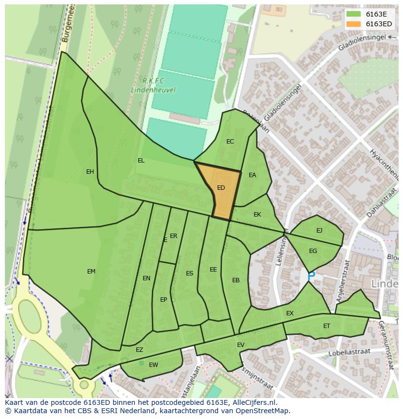 Afbeelding van het postcodegebied 6163 ED op de kaart.