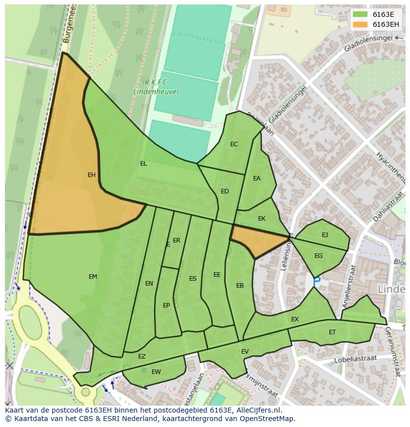 Afbeelding van het postcodegebied 6163 EH op de kaart.