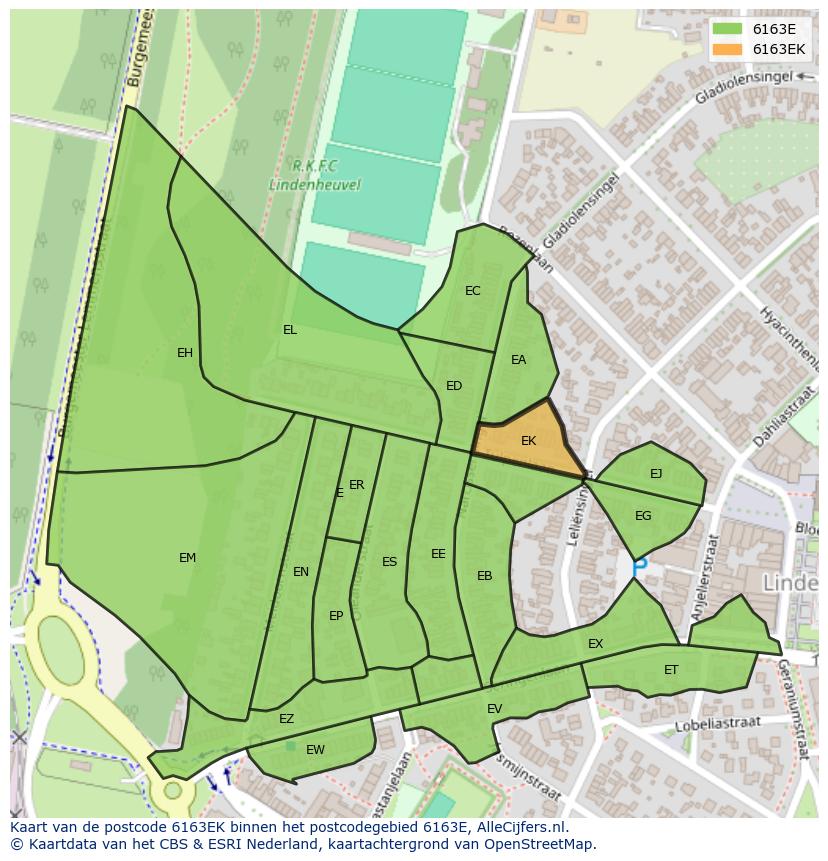 Afbeelding van het postcodegebied 6163 EK op de kaart.
