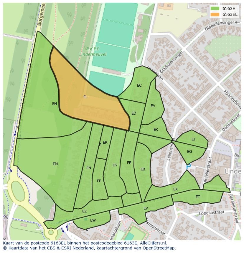 Afbeelding van het postcodegebied 6163 EL op de kaart.