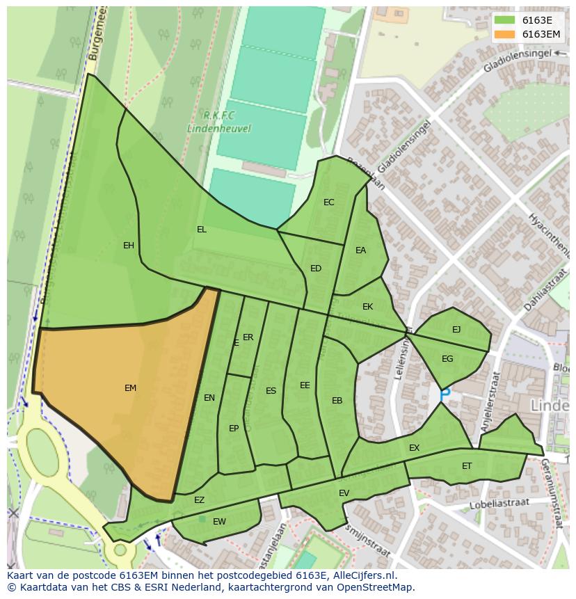 Afbeelding van het postcodegebied 6163 EM op de kaart.