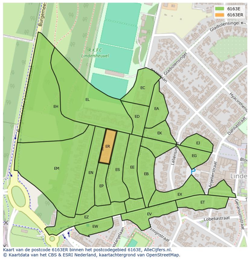 Afbeelding van het postcodegebied 6163 ER op de kaart.