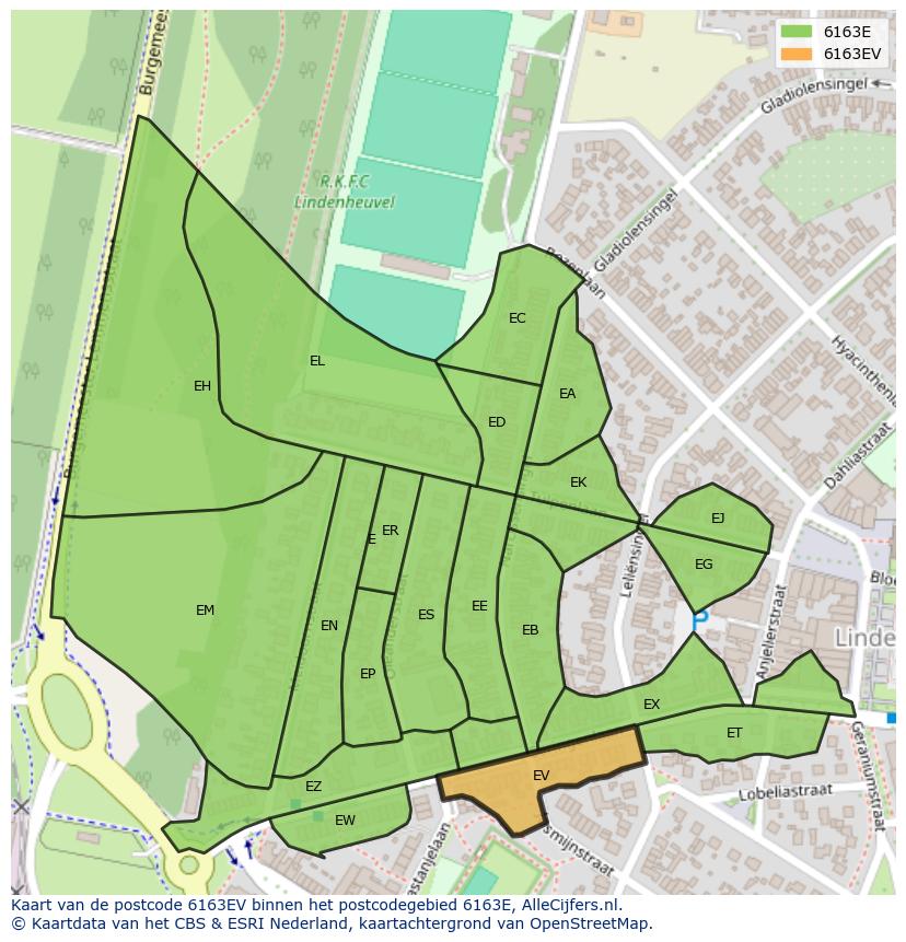 Afbeelding van het postcodegebied 6163 EV op de kaart.