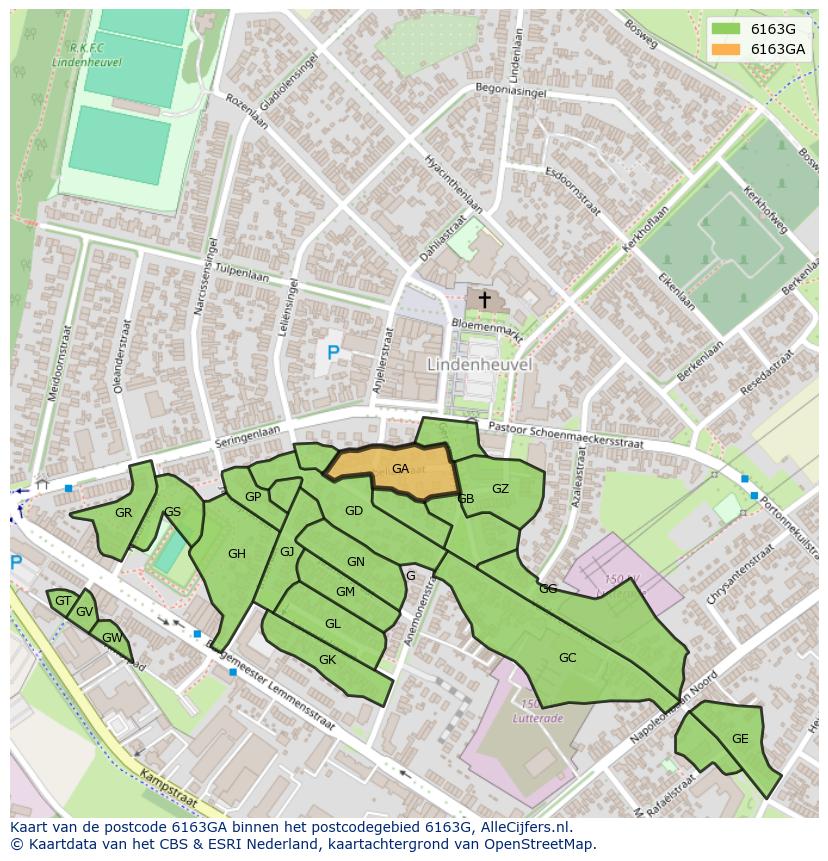 Afbeelding van het postcodegebied 6163 GA op de kaart.
