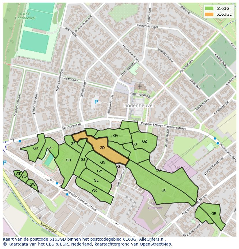 Afbeelding van het postcodegebied 6163 GD op de kaart.