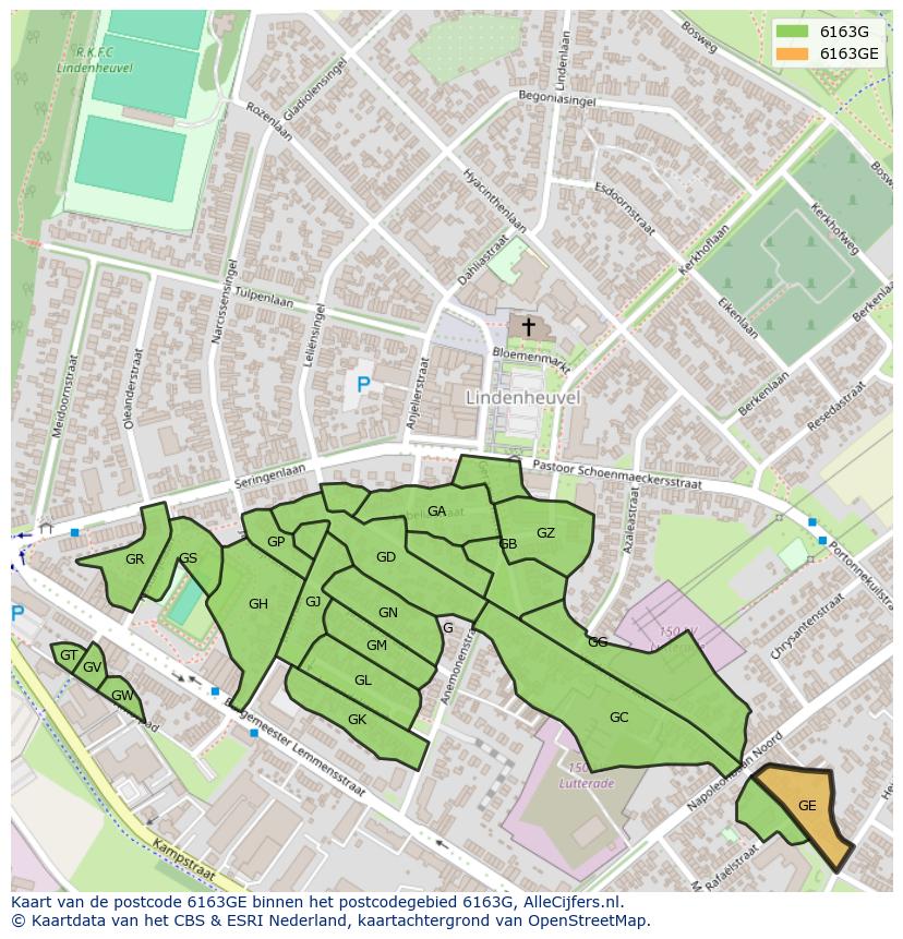 Afbeelding van het postcodegebied 6163 GE op de kaart.