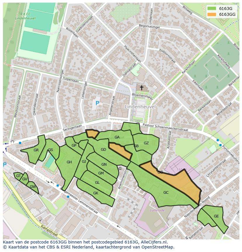 Afbeelding van het postcodegebied 6163 GG op de kaart.
