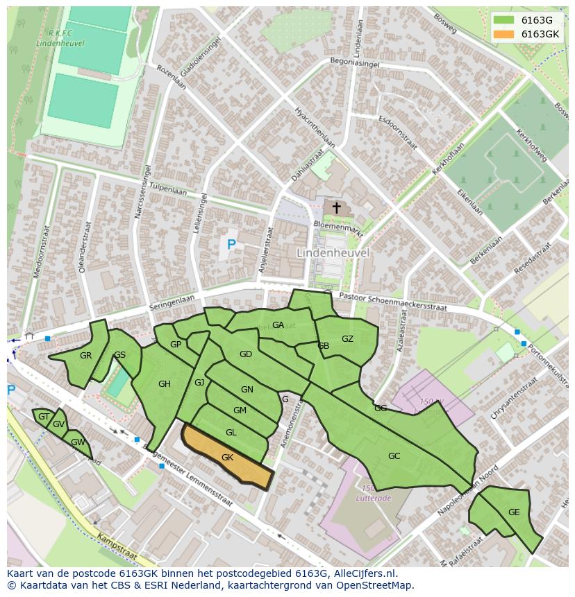 Afbeelding van het postcodegebied 6163 GK op de kaart.