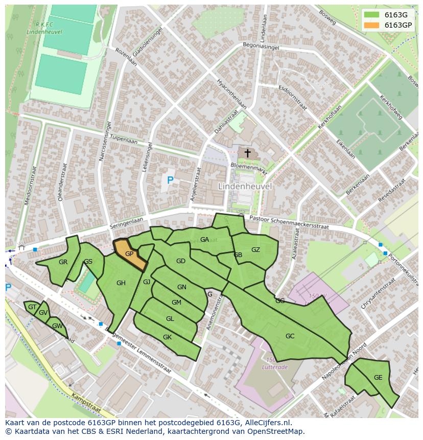 Afbeelding van het postcodegebied 6163 GP op de kaart.