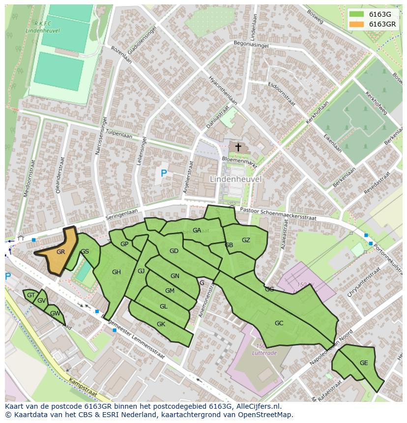 Afbeelding van het postcodegebied 6163 GR op de kaart.