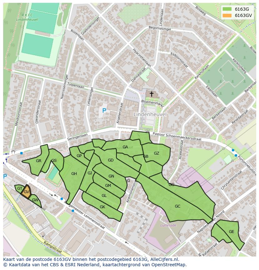 Afbeelding van het postcodegebied 6163 GV op de kaart.