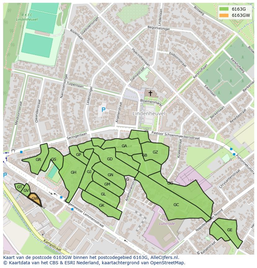 Afbeelding van het postcodegebied 6163 GW op de kaart.
