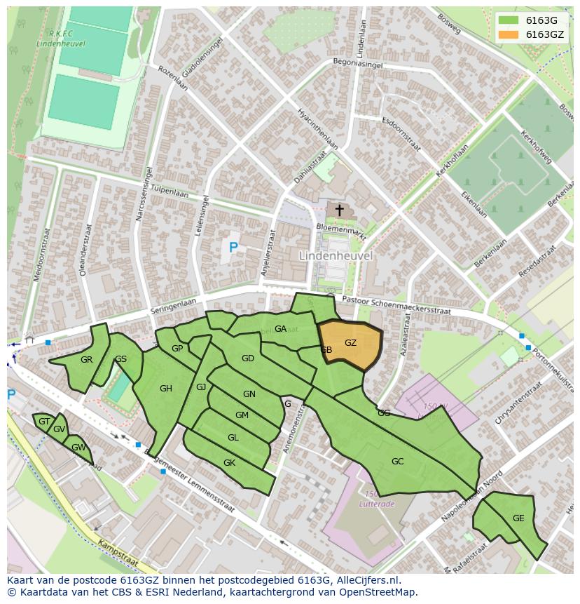 Afbeelding van het postcodegebied 6163 GZ op de kaart.