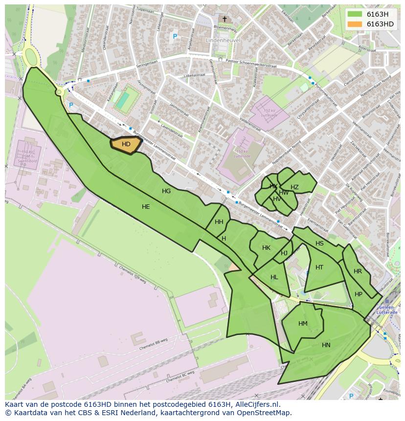 Afbeelding van het postcodegebied 6163 HD op de kaart.