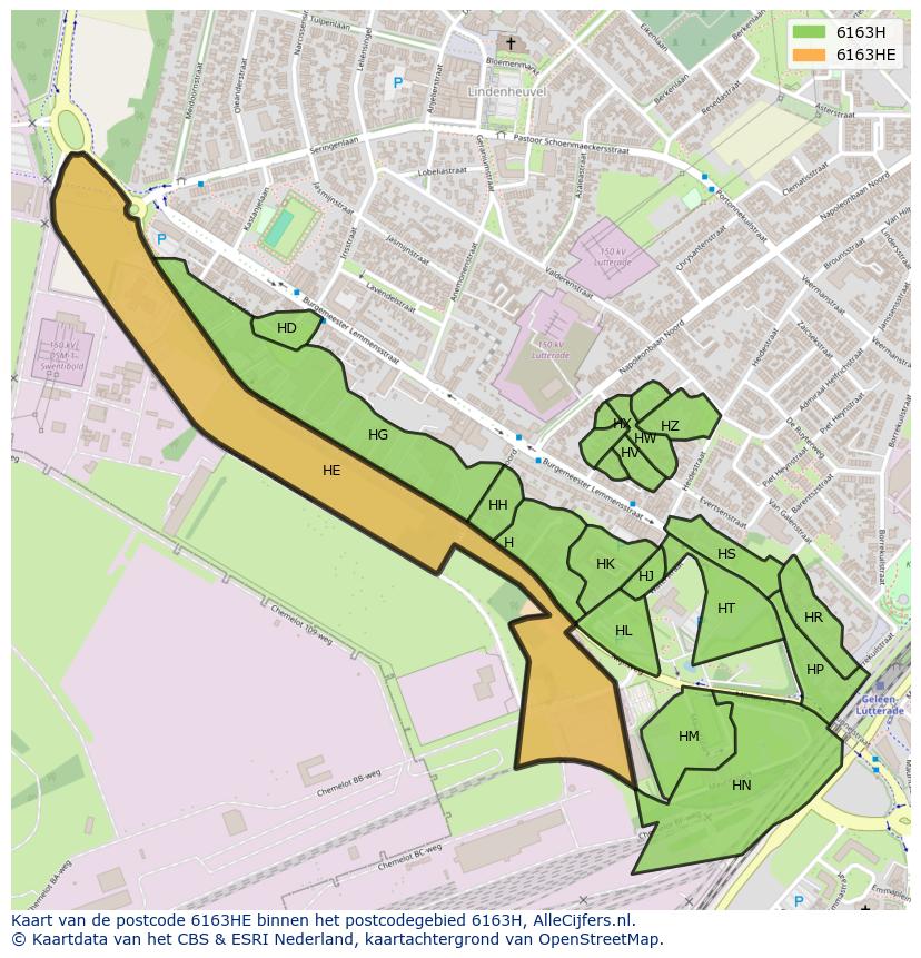 Afbeelding van het postcodegebied 6163 HE op de kaart.