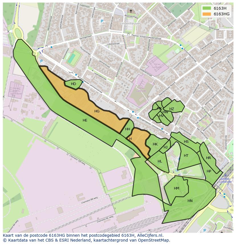 Afbeelding van het postcodegebied 6163 HG op de kaart.