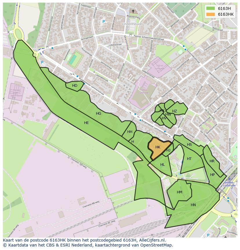 Afbeelding van het postcodegebied 6163 HK op de kaart.