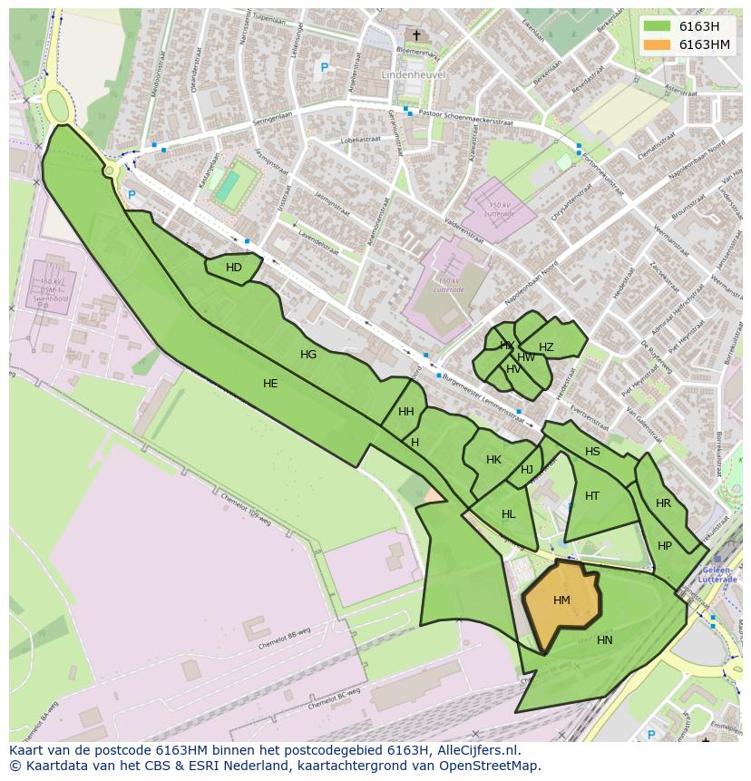 Afbeelding van het postcodegebied 6163 HM op de kaart.