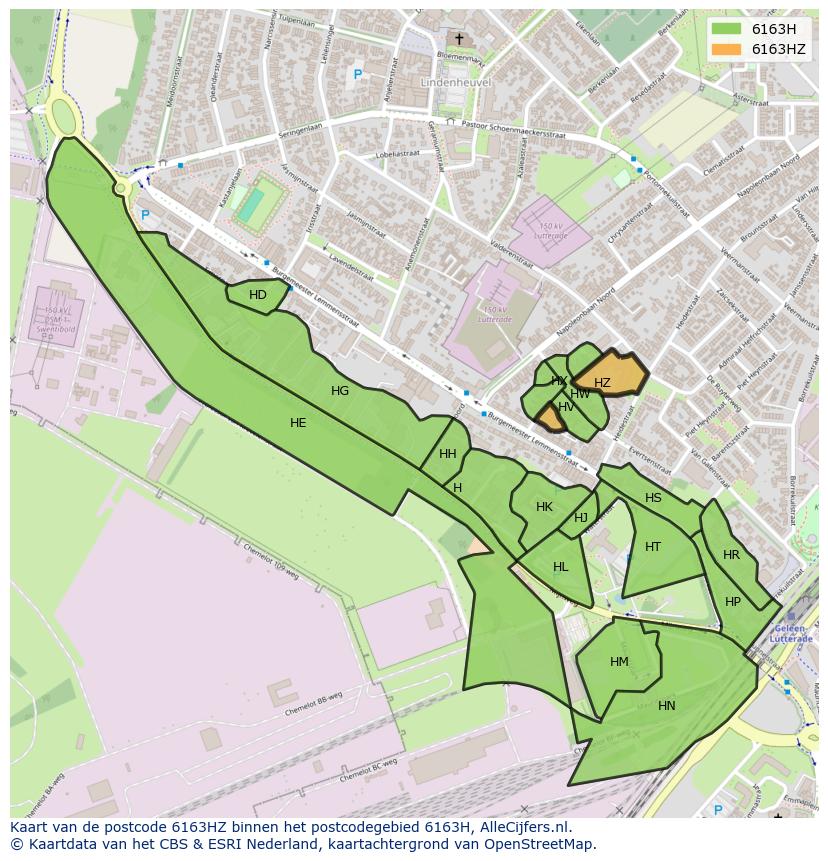 Afbeelding van het postcodegebied 6163 HZ op de kaart.