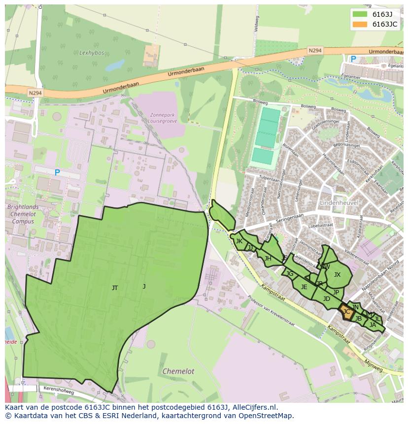 Afbeelding van het postcodegebied 6163 JC op de kaart.