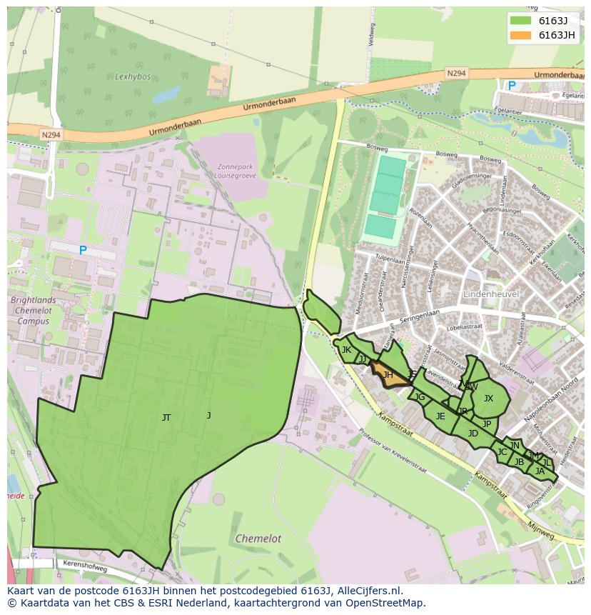 Afbeelding van het postcodegebied 6163 JH op de kaart.