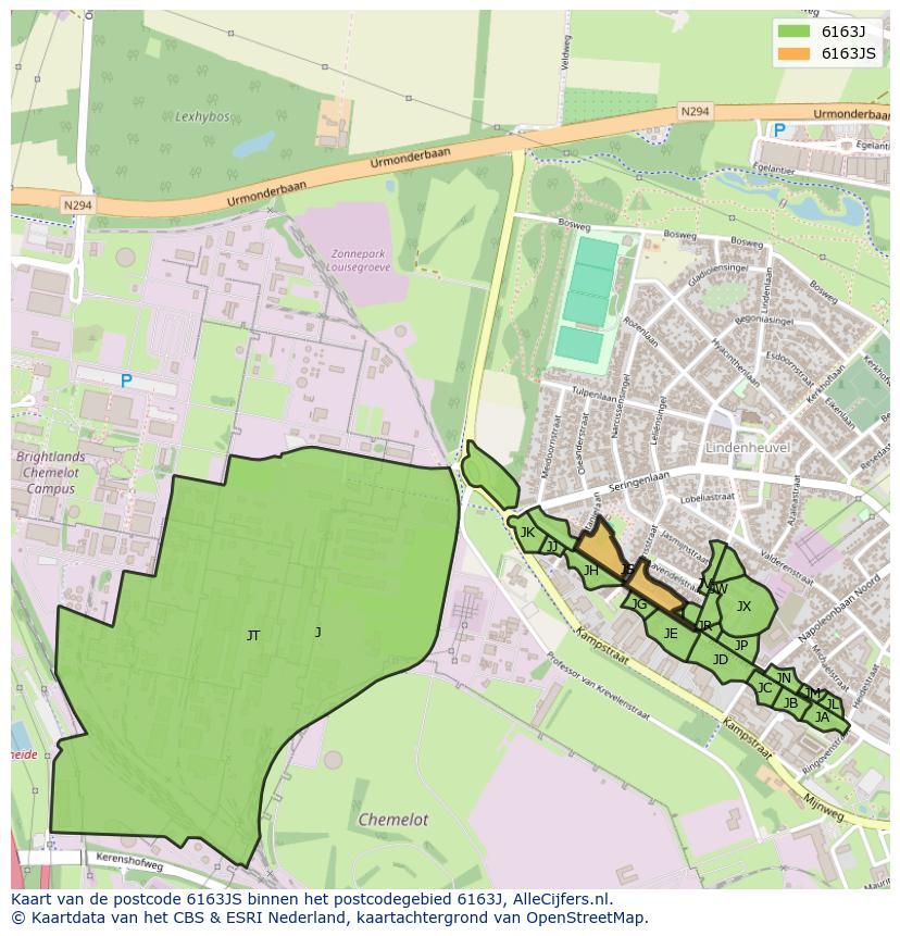 Afbeelding van het postcodegebied 6163 JS op de kaart.