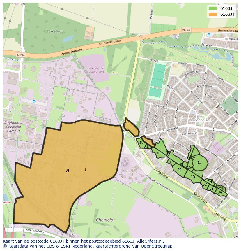 Afbeelding van het postcodegebied 6163 JT op de kaart.