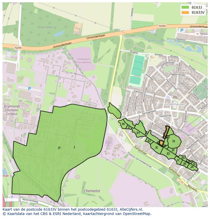 Afbeelding van het postcodegebied 6163 JV op de kaart.