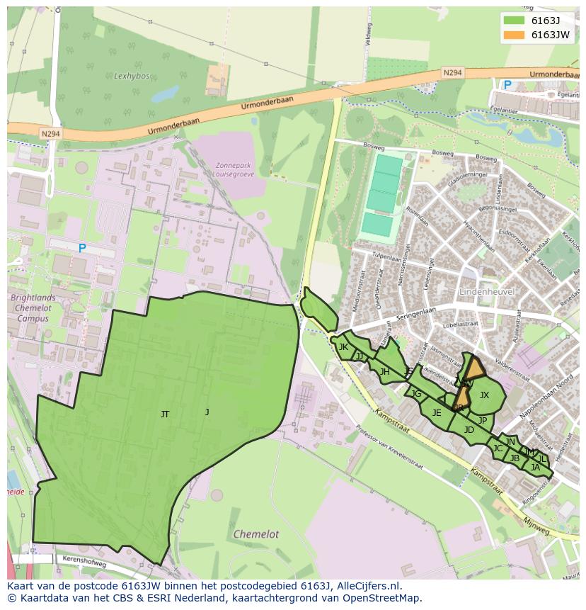 Afbeelding van het postcodegebied 6163 JW op de kaart.