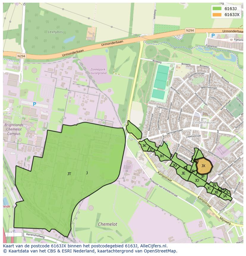 Afbeelding van het postcodegebied 6163 JX op de kaart.