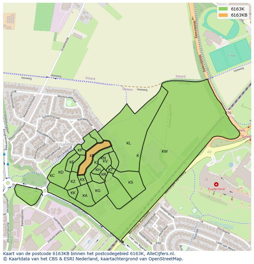 Afbeelding van het postcodegebied 6163 KB op de kaart.