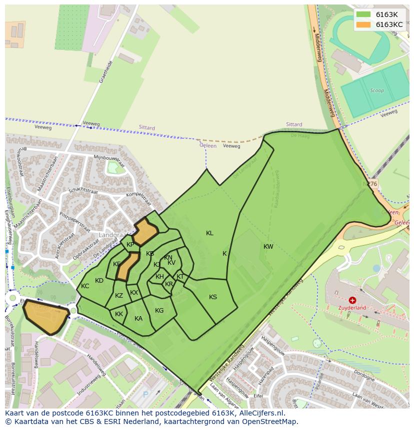 Afbeelding van het postcodegebied 6163 KC op de kaart.