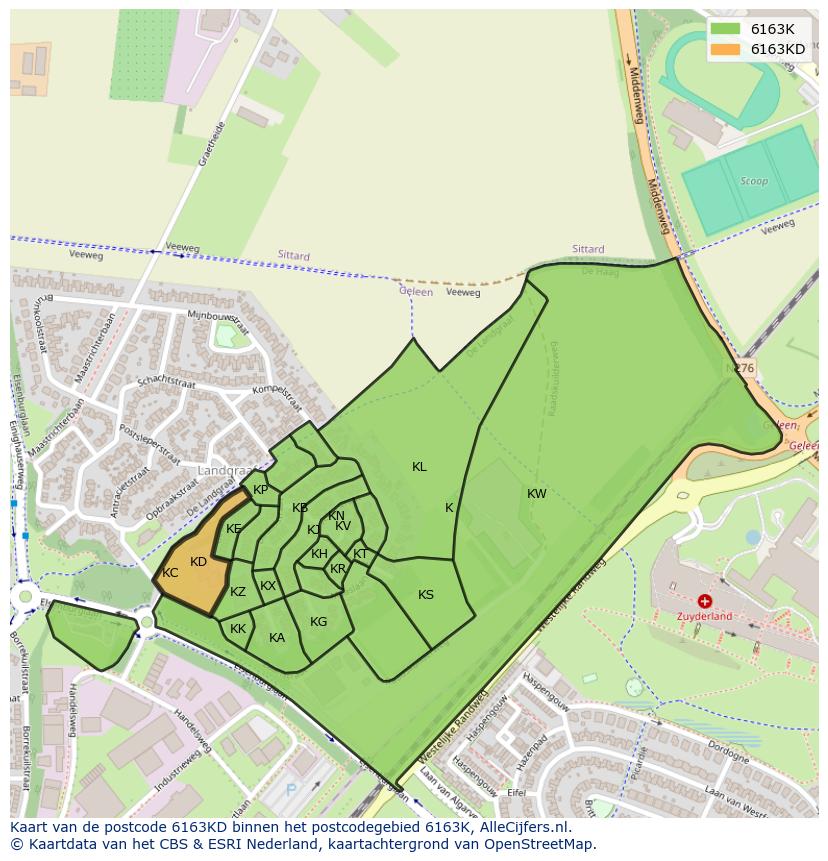 Afbeelding van het postcodegebied 6163 KD op de kaart.