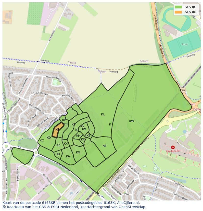 Afbeelding van het postcodegebied 6163 KE op de kaart.