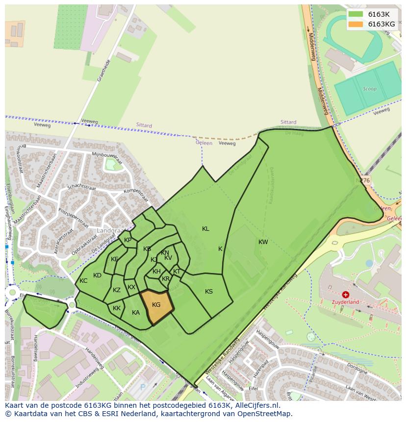 Afbeelding van het postcodegebied 6163 KG op de kaart.