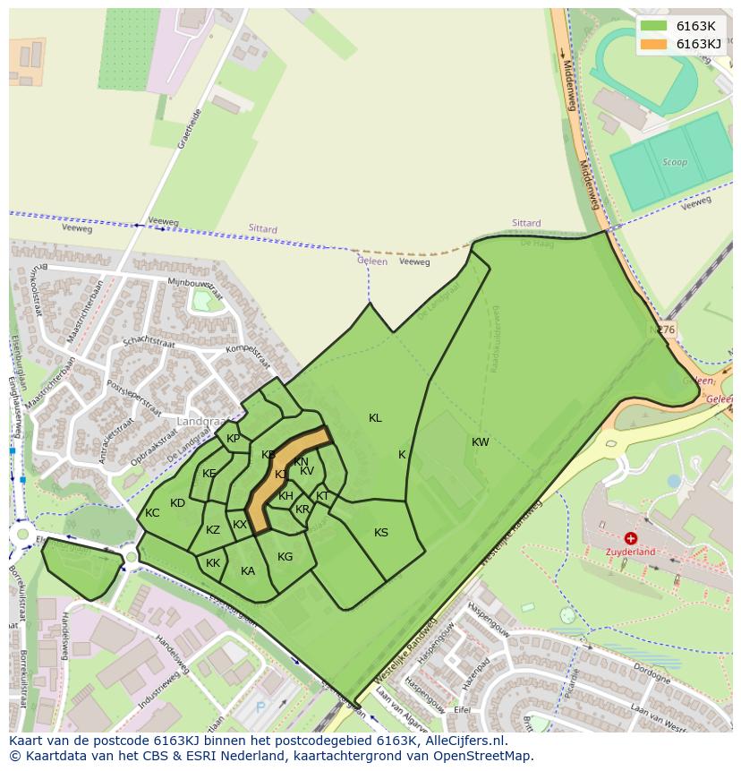 Afbeelding van het postcodegebied 6163 KJ op de kaart.