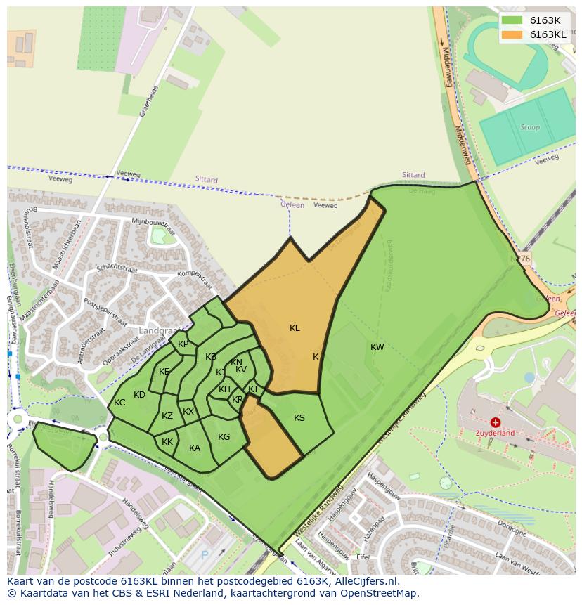 Afbeelding van het postcodegebied 6163 KL op de kaart.