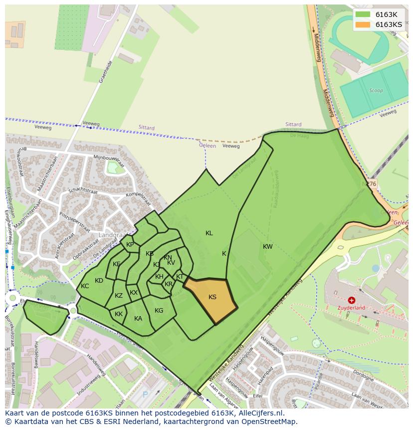 Afbeelding van het postcodegebied 6163 KS op de kaart.