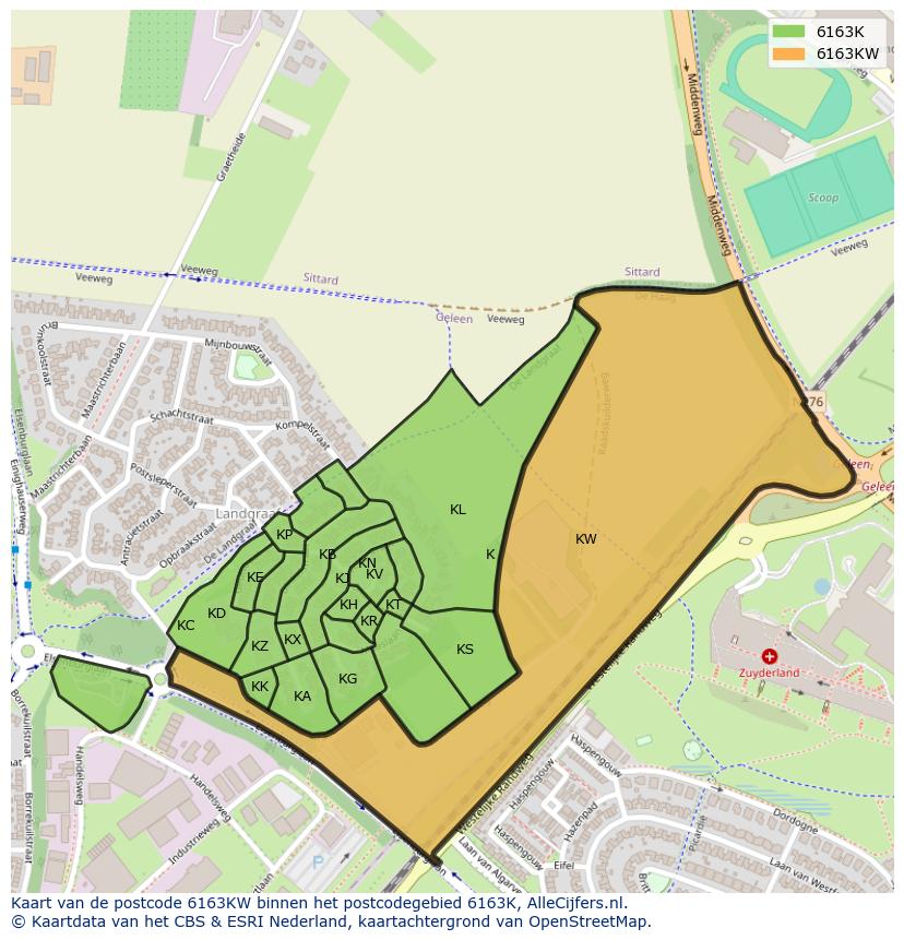 Afbeelding van het postcodegebied 6163 KW op de kaart.