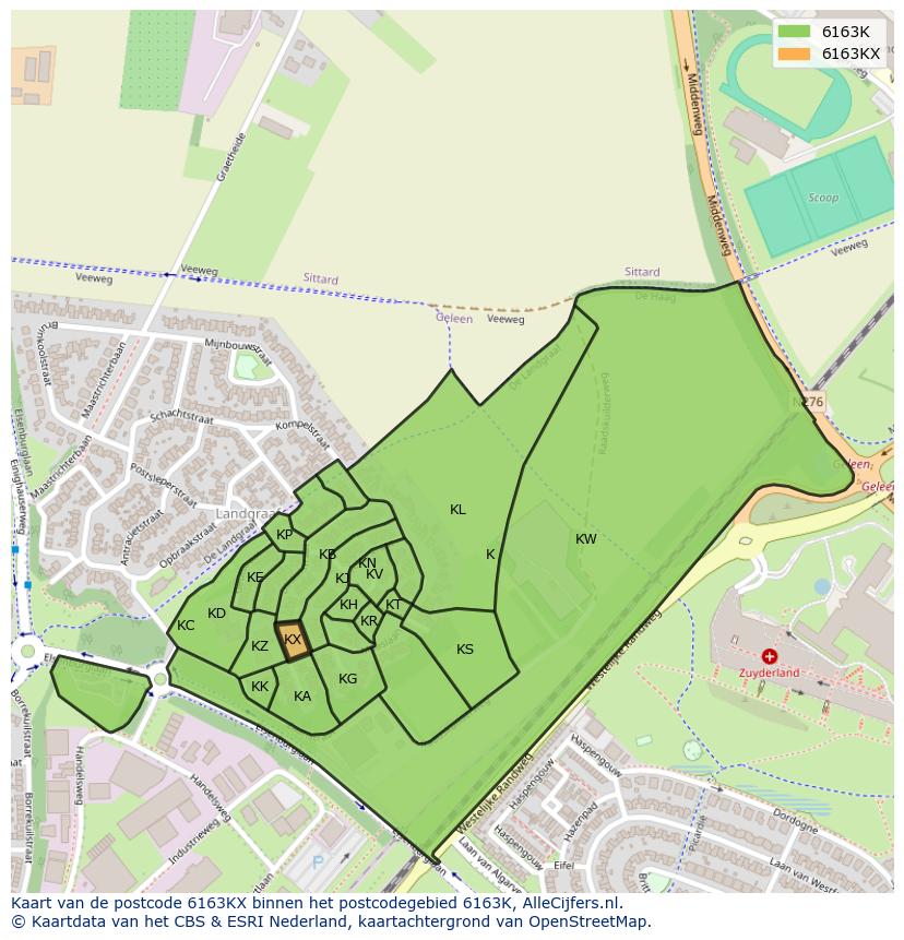 Afbeelding van het postcodegebied 6163 KX op de kaart.