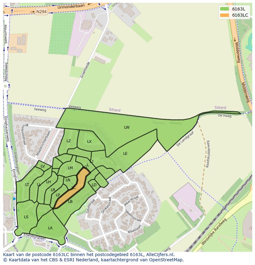 Afbeelding van het postcodegebied 6163 LC op de kaart.