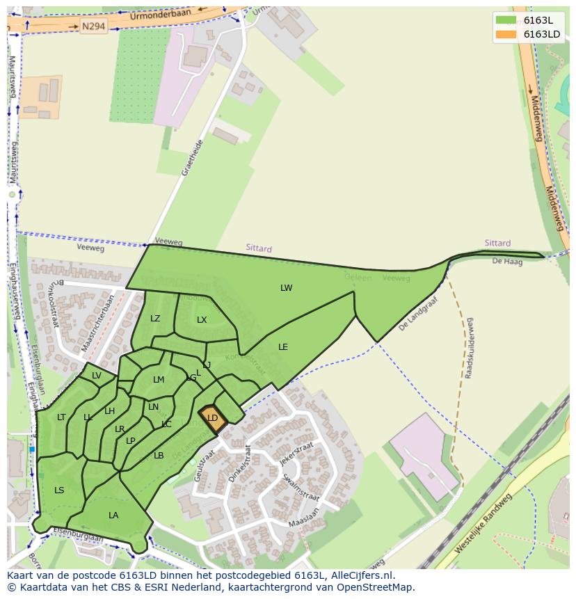 Afbeelding van het postcodegebied 6163 LD op de kaart.